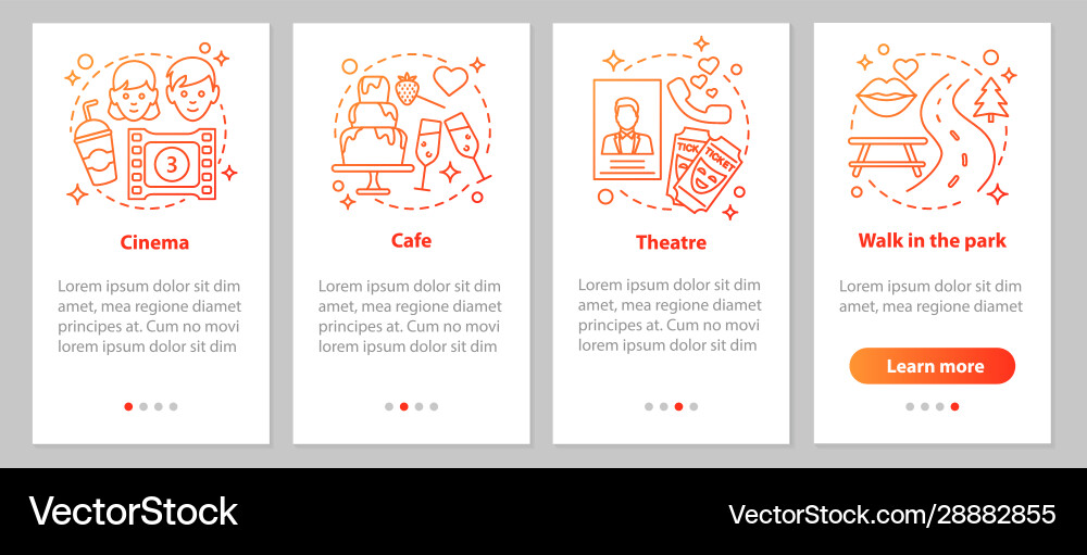 Types dates onboarding mobile app page screen Types dates onboarding mobile app page screen vector image