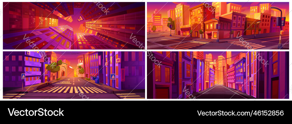 Cartoon city sunset vibrant game background set Cartoon city sunset vibrant game background set vector image