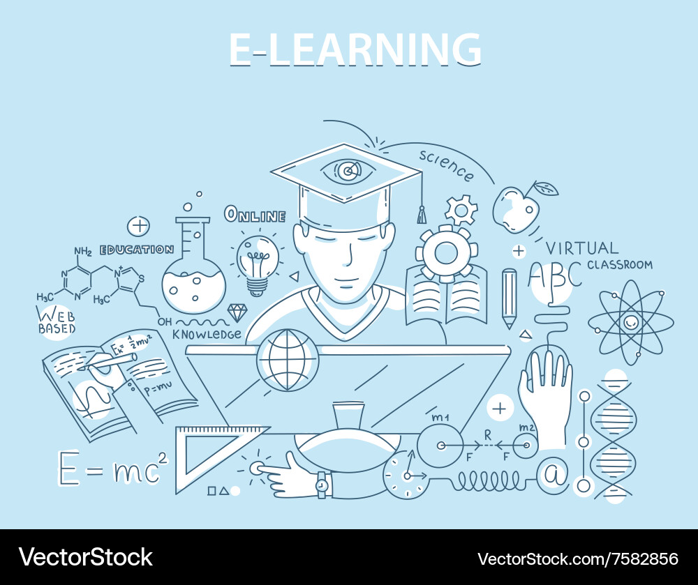 Line style design concept of e-learning and online vector image