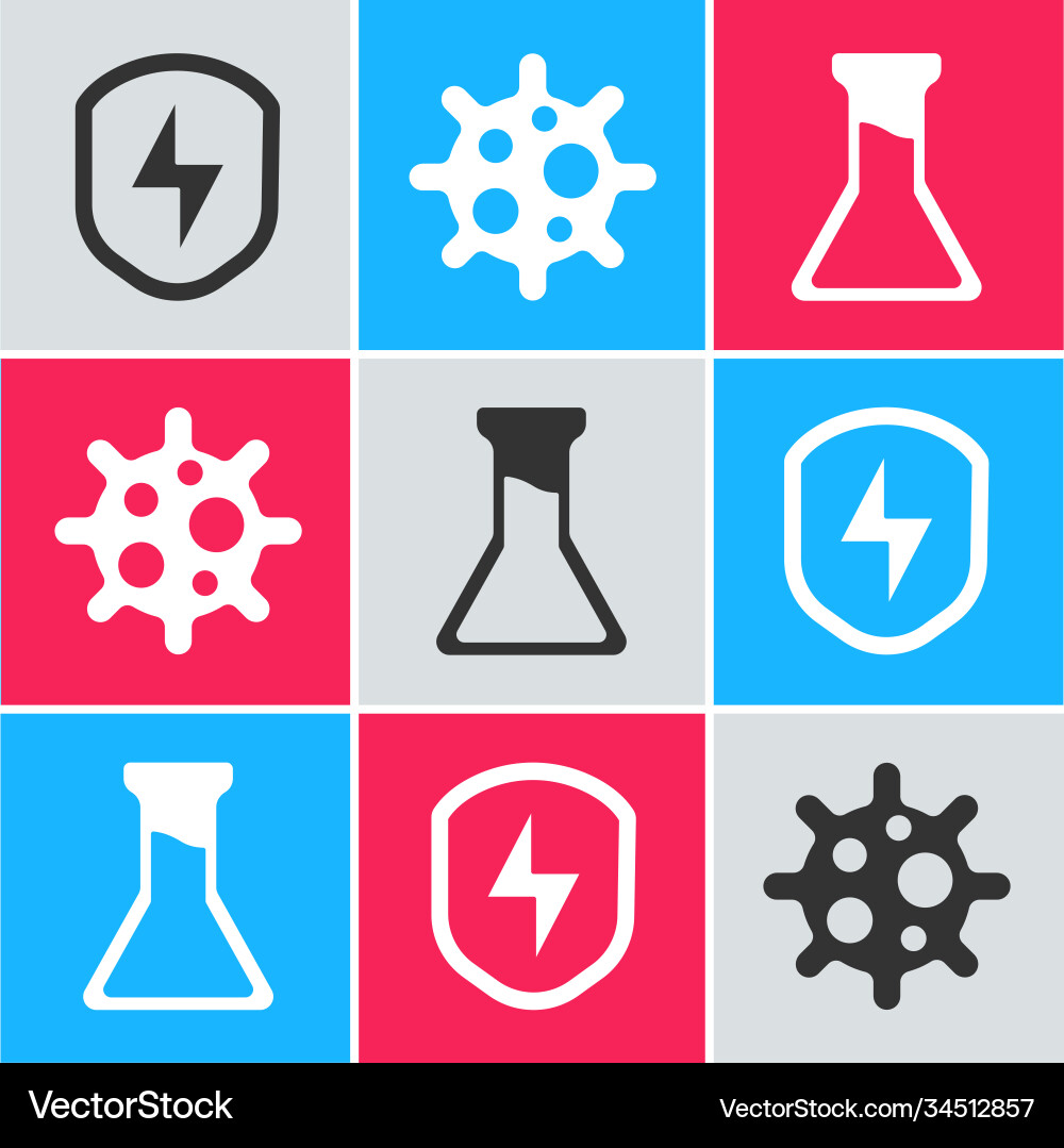 Set secure shield with lightning virus and test Set secure shield with lightning virus and test Vector Image