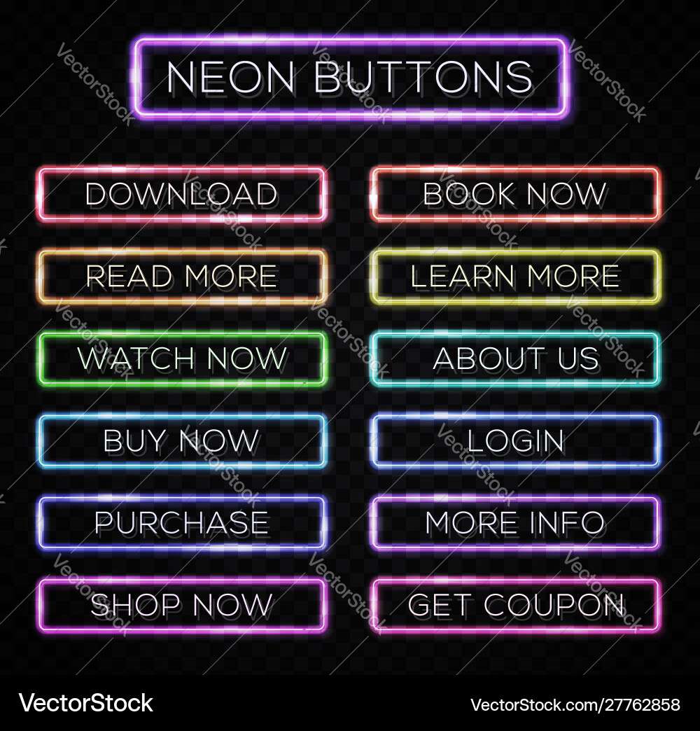 Bright colors neon web buttons set website design Bright colors neon web buttons set website design vector image