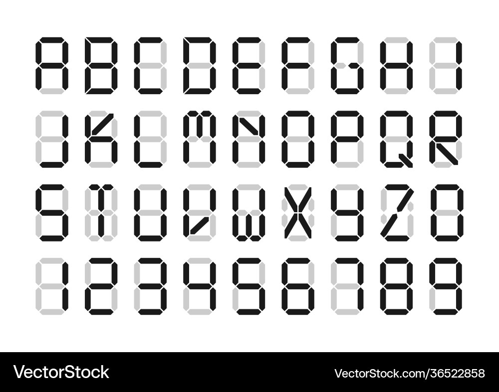 Digital font alarm clock letters and numbers vector image