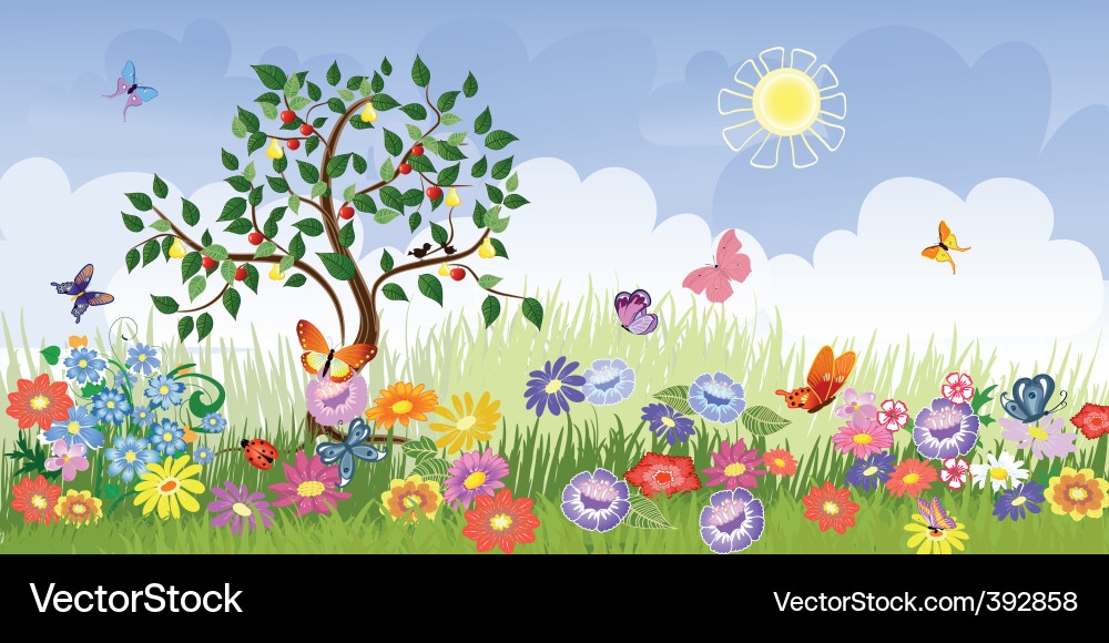 Vibrant Summer Orchard Vector Image