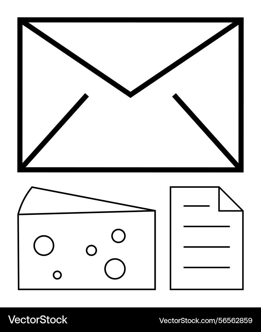 Envelope with a slice of cheese and document Envelope with a slice of cheese and document Vector Image