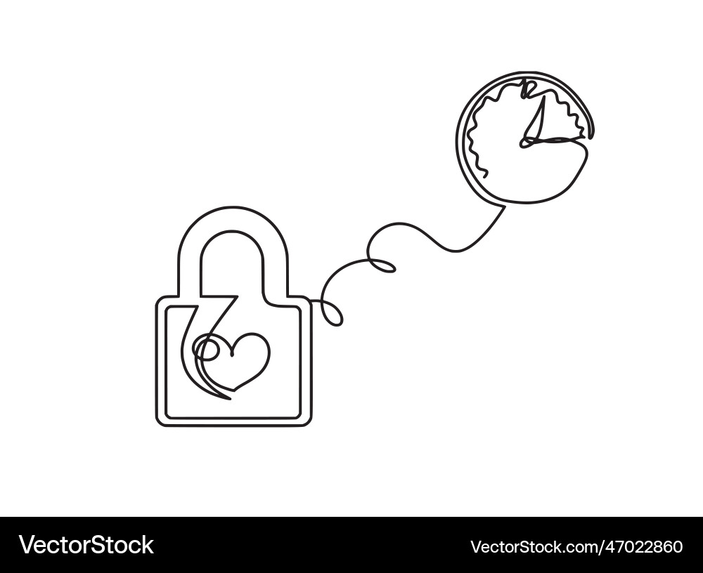 Abstract heart-lock with clock as continuous line vector image