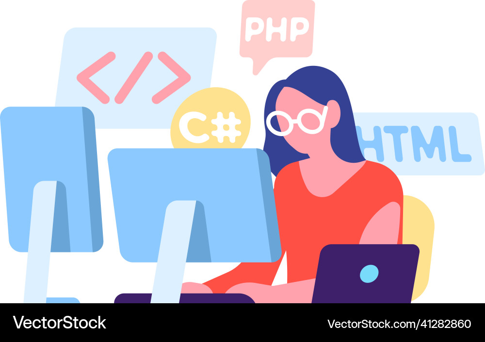 Woman coding in different programming languages Woman coding in different programming languages vector image