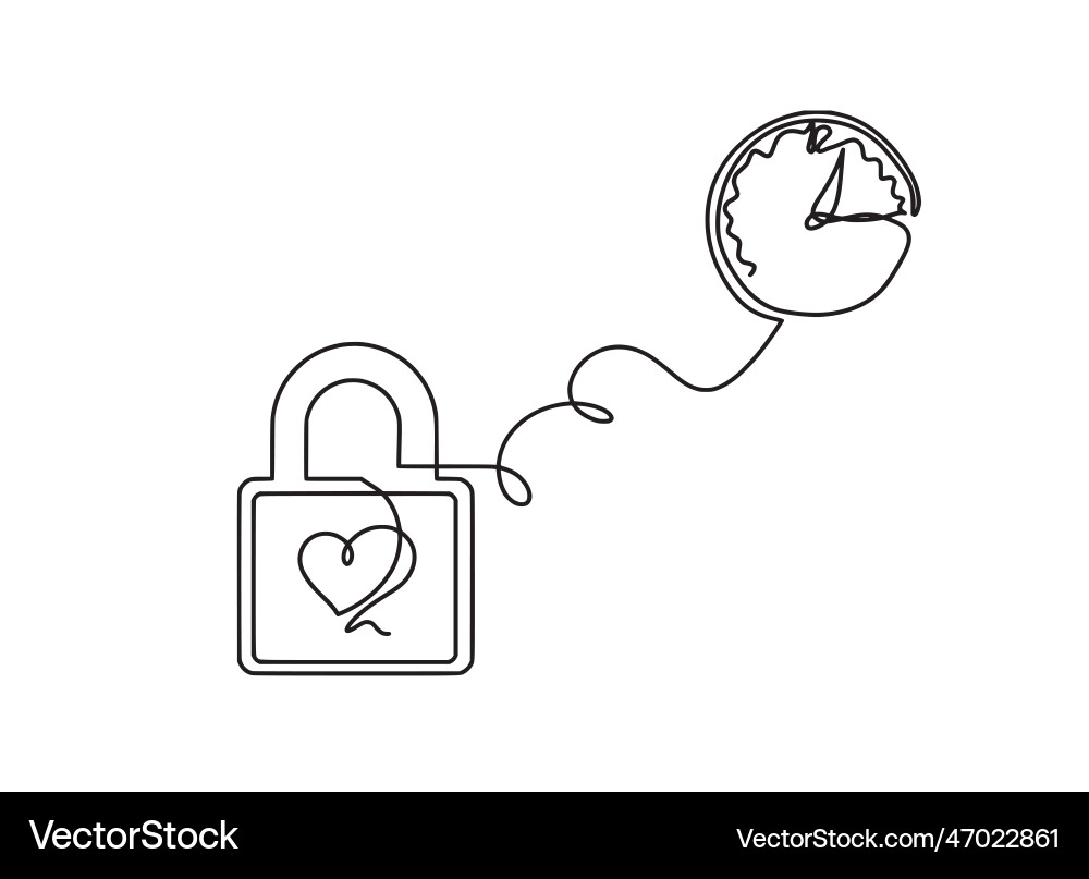 Abstract heart-lock with clock as continuous line vector image