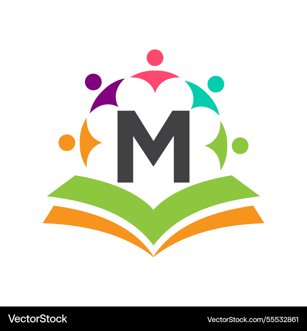 Initial unity logo on letter m concept with book Initial unity logo on letter m concept with book Vector Image