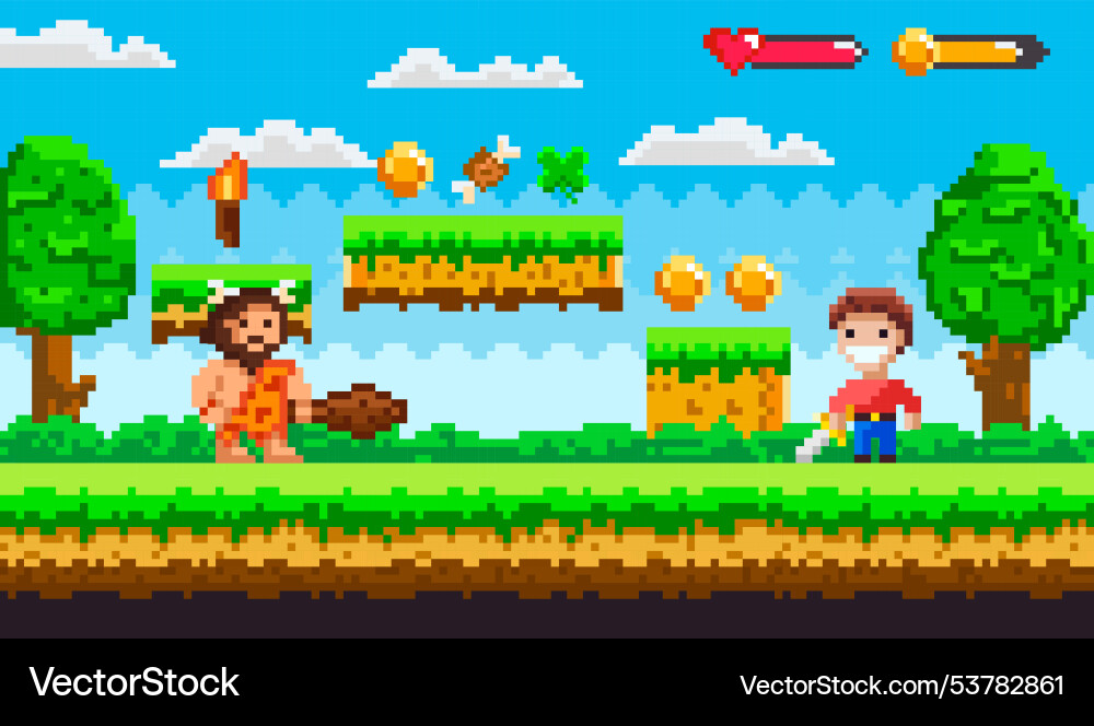 Retro pixel art side-scrolling game with caveman Retro pixel art side-scrolling game with caveman vector image