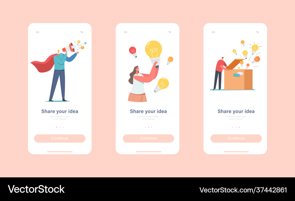 Share idea mobile app page onboard screen template Share idea mobile app page onboard screen template vector image