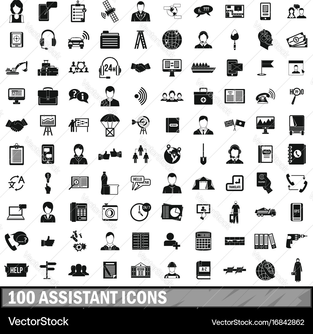 100 assistant icons set simple style vector image