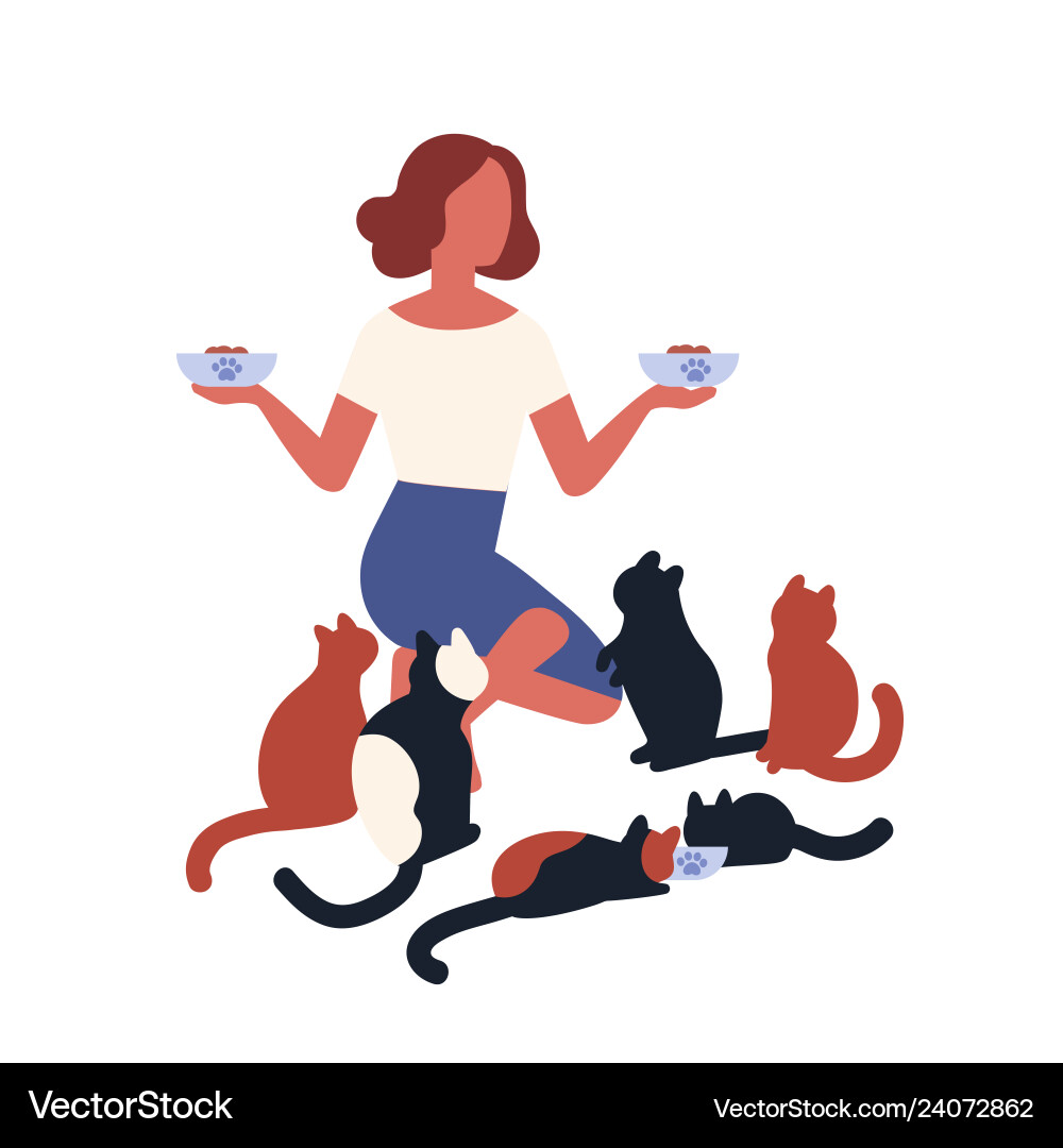 Crazy cat lady feeding her pets young woman Crazy cat lady feeding her pets young woman vector image