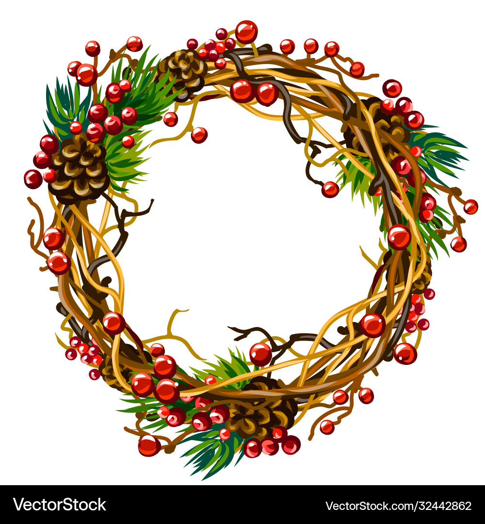 Festive Winter Wreath with Branches and Berries Vector Image