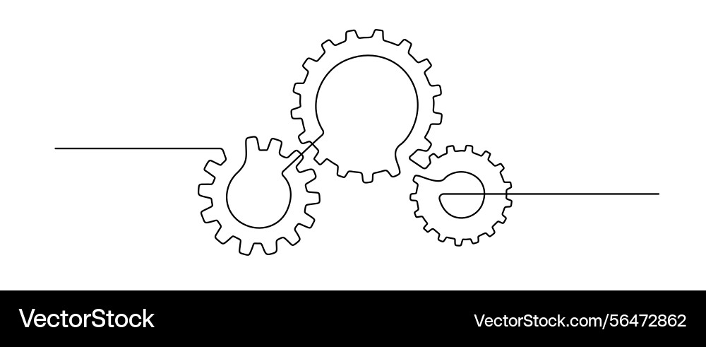 Gears wheels in one continuous line drawing three Gears wheels in one continuous line drawing three vector image