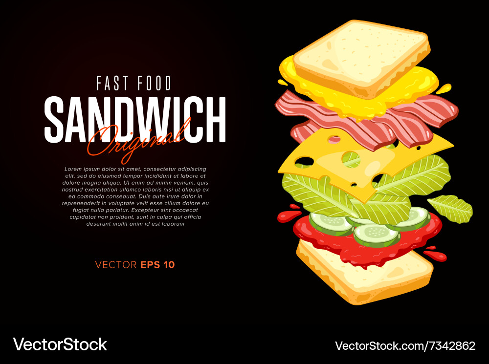 Sandwich on black background with abstract text Vector Image
