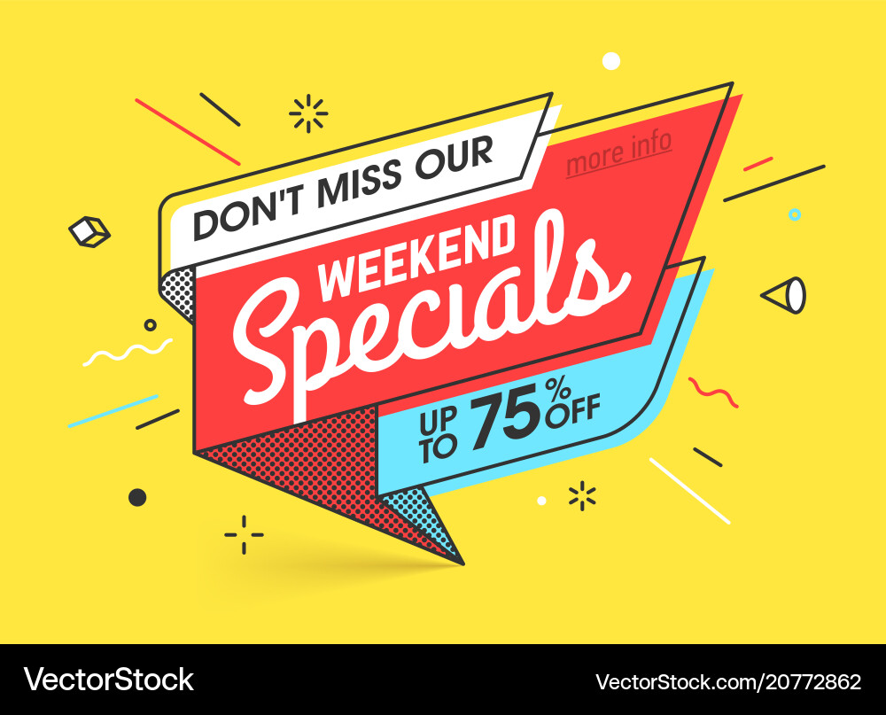 Wochenendspecials Verkauf Banner Vorlage in Wohnung Wochenendspecials Verkauf Banner Vorlage in Wohnung Vektorbild