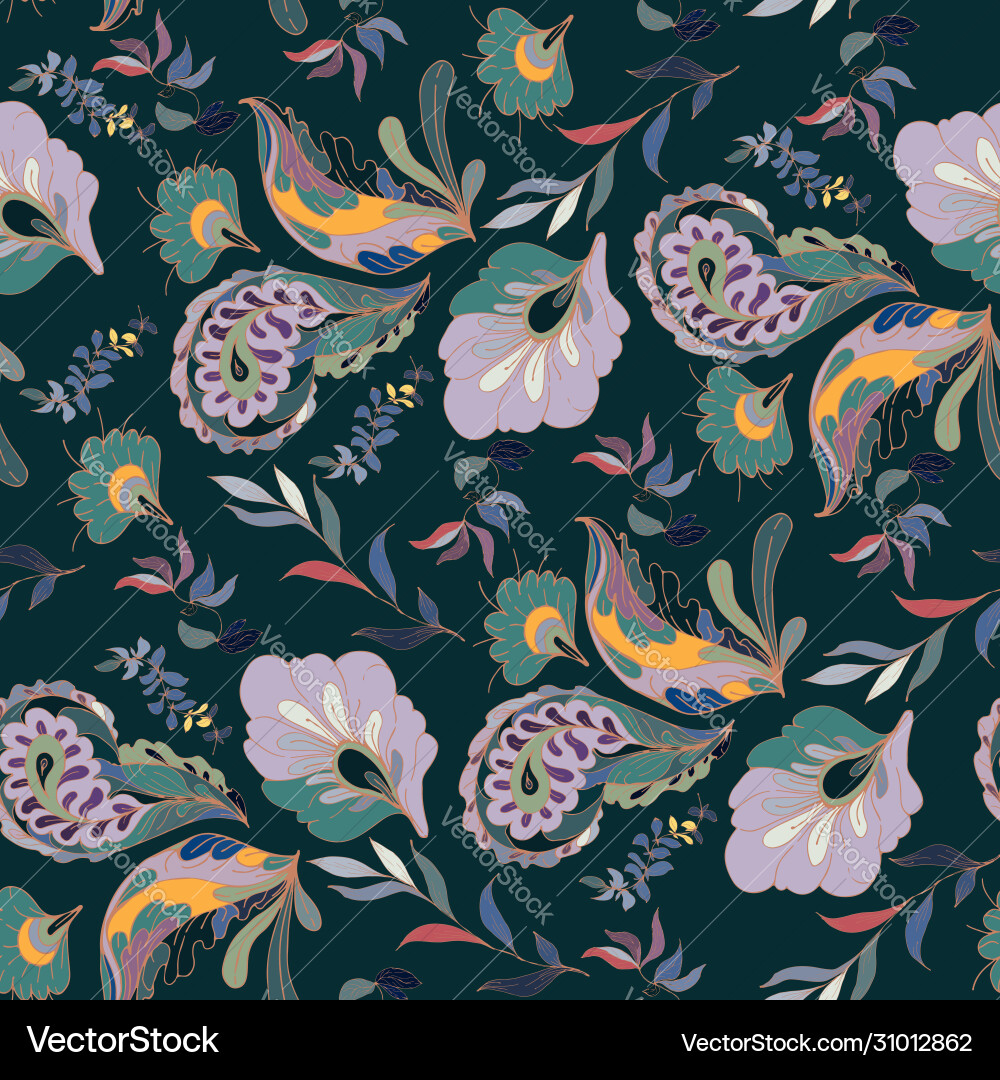 Yellow stylized flowers and paisley on a gray Yellow stylized flowers and paisley on a gray vector image