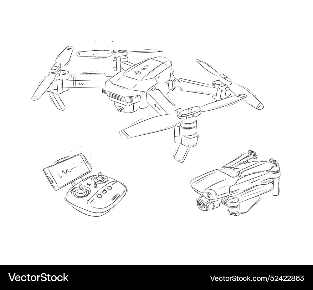 Drone quadcopter folded unfolded and remote Drone quadcopter folded unfolded and remote vector image