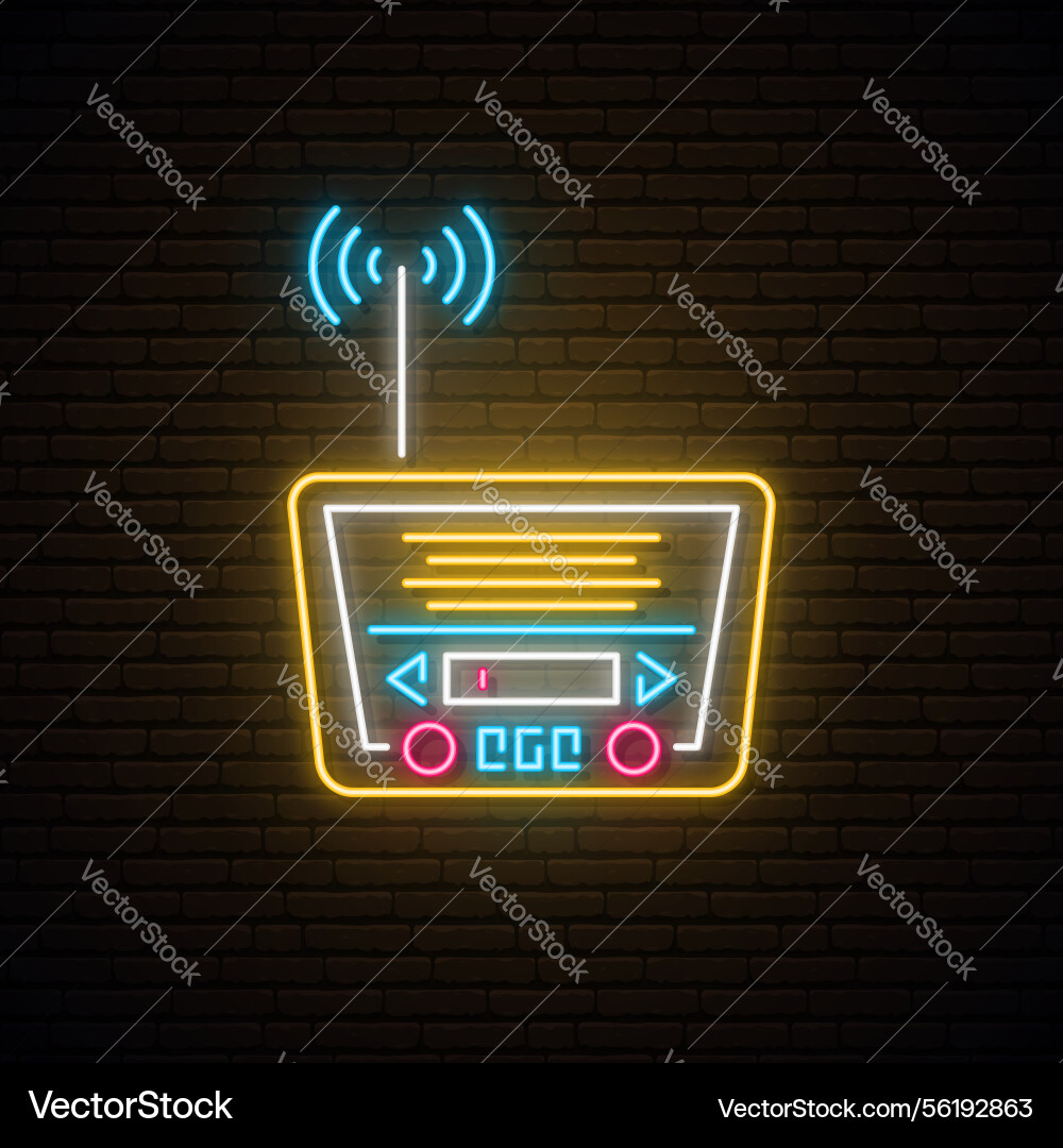Neon radio sign glowing retro receiver Neon radio sign glowing retro receiver vector image