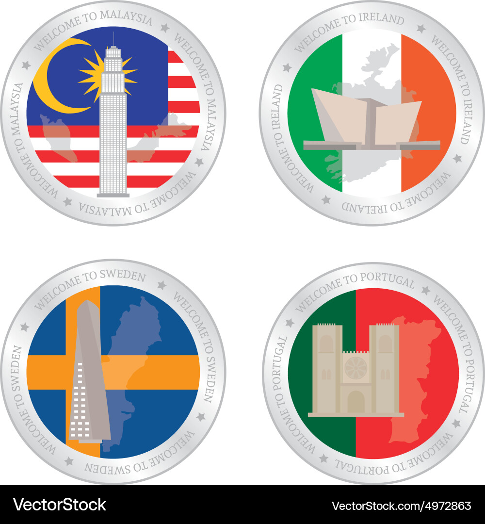 Set labels with different flags and monuments vector image