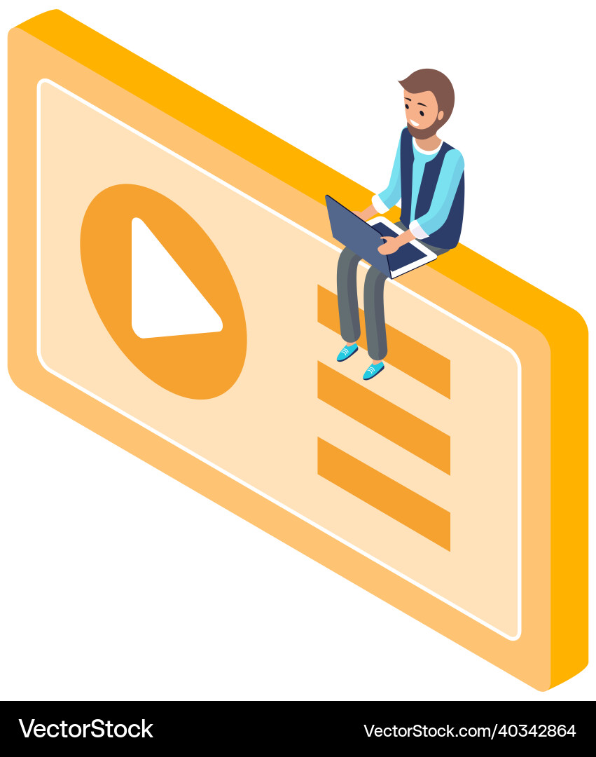 Man sitting on movie player button watching Man sitting on movie player button watching vector image