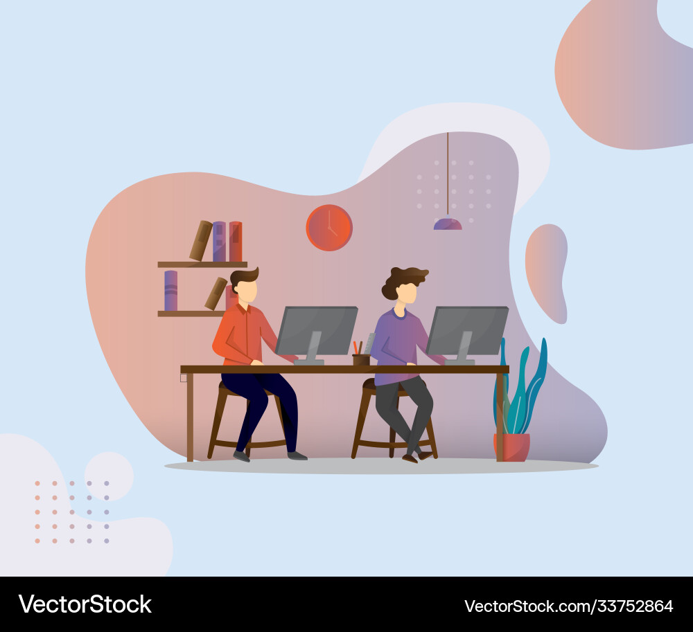 Two Men Working on Computers Vector Image