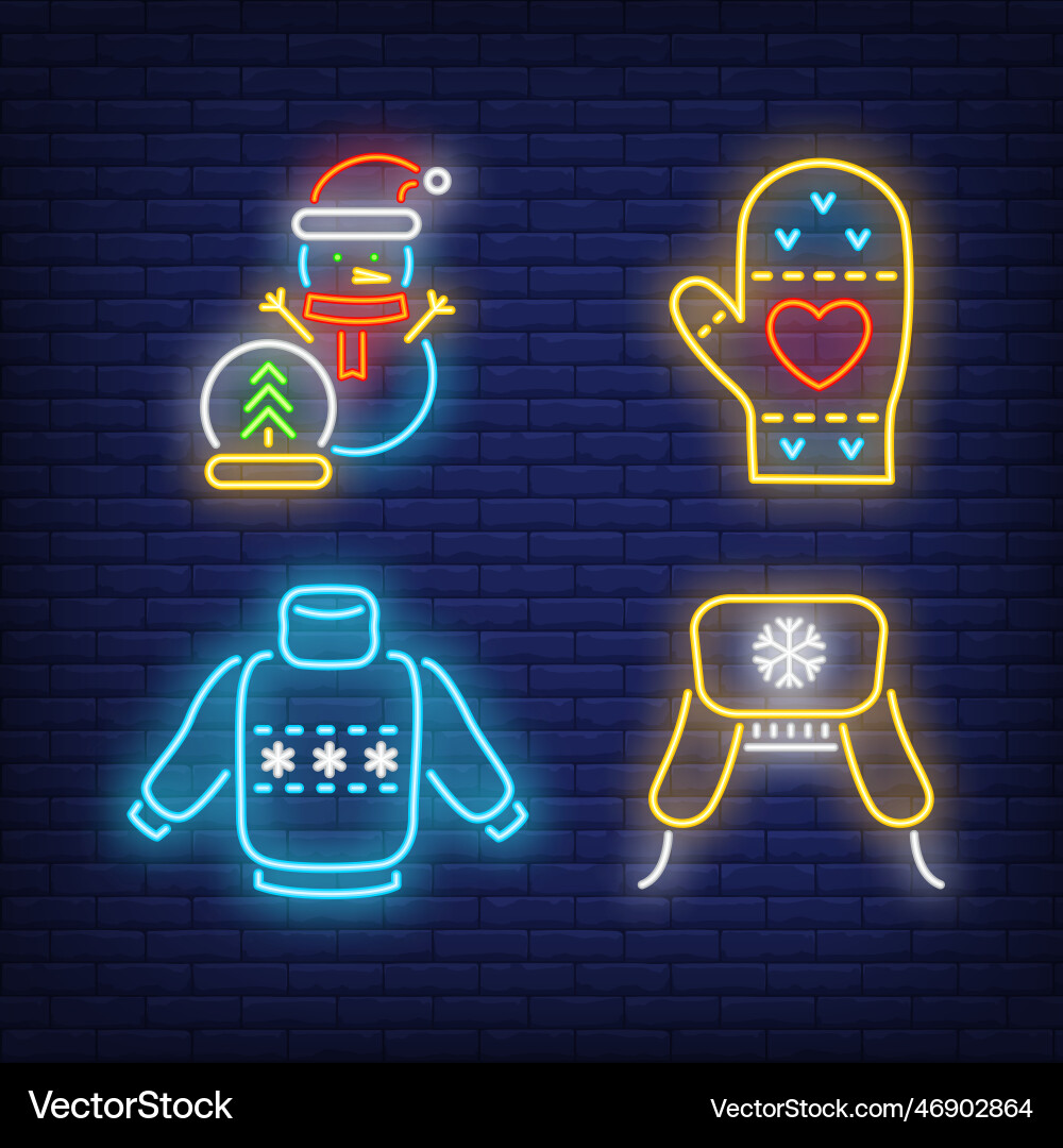 Winter season neon sign set snowman sweater Winter season neon sign set snowman sweater vector image