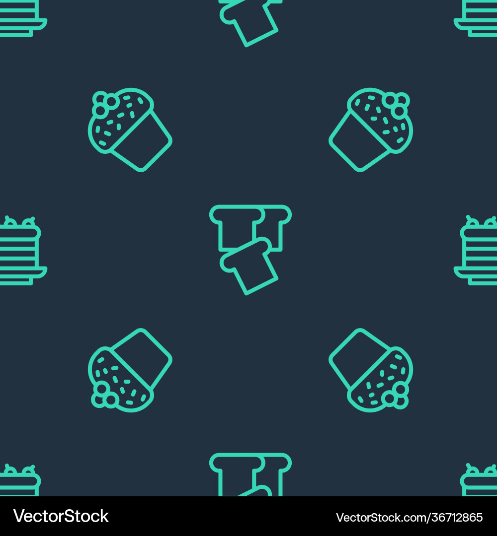 Set line bread toast cake and on seamless pattern Vector Image