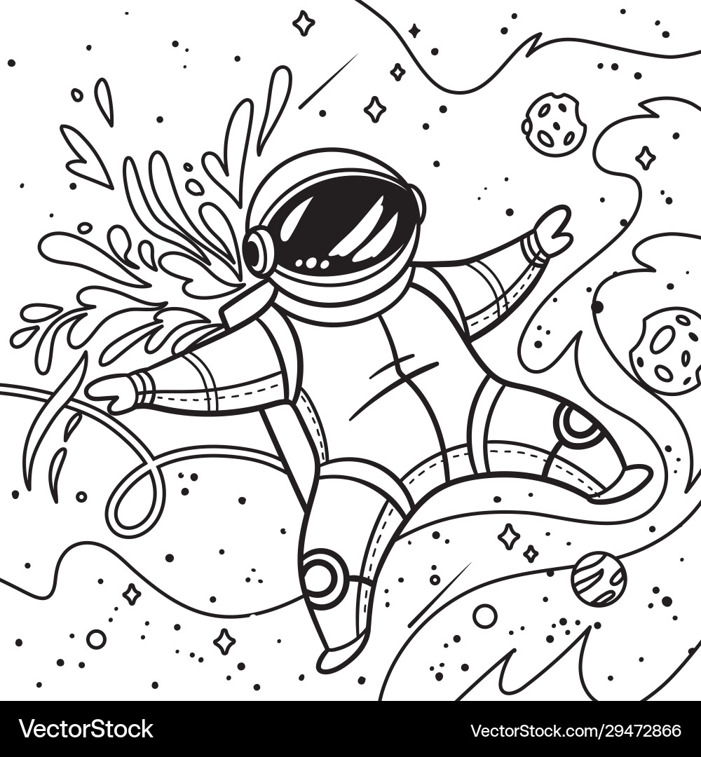 Contour print with cartoon astronaut flies Contour print with cartoon astronaut flies vector image