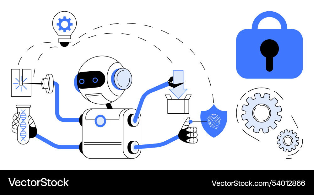 Futuristic robot working on cybersecurity vector image
