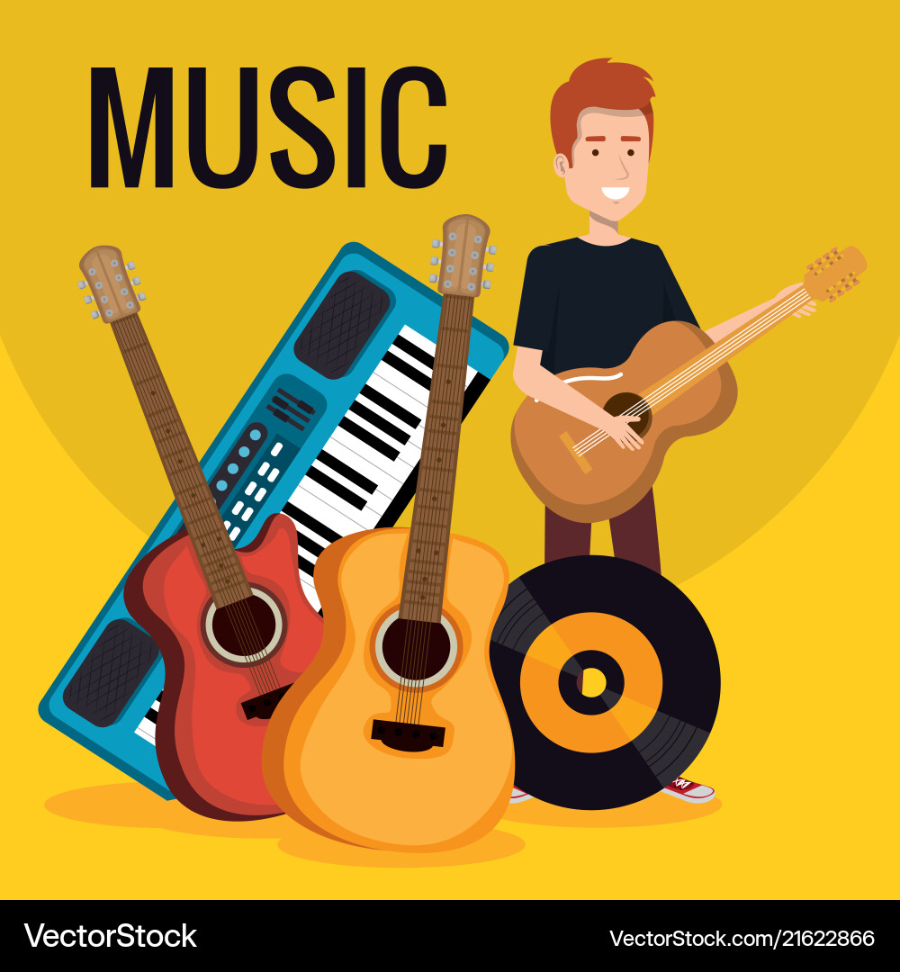 Man with synthesizer musical and instruments Man with synthesizer musical and instruments vector image