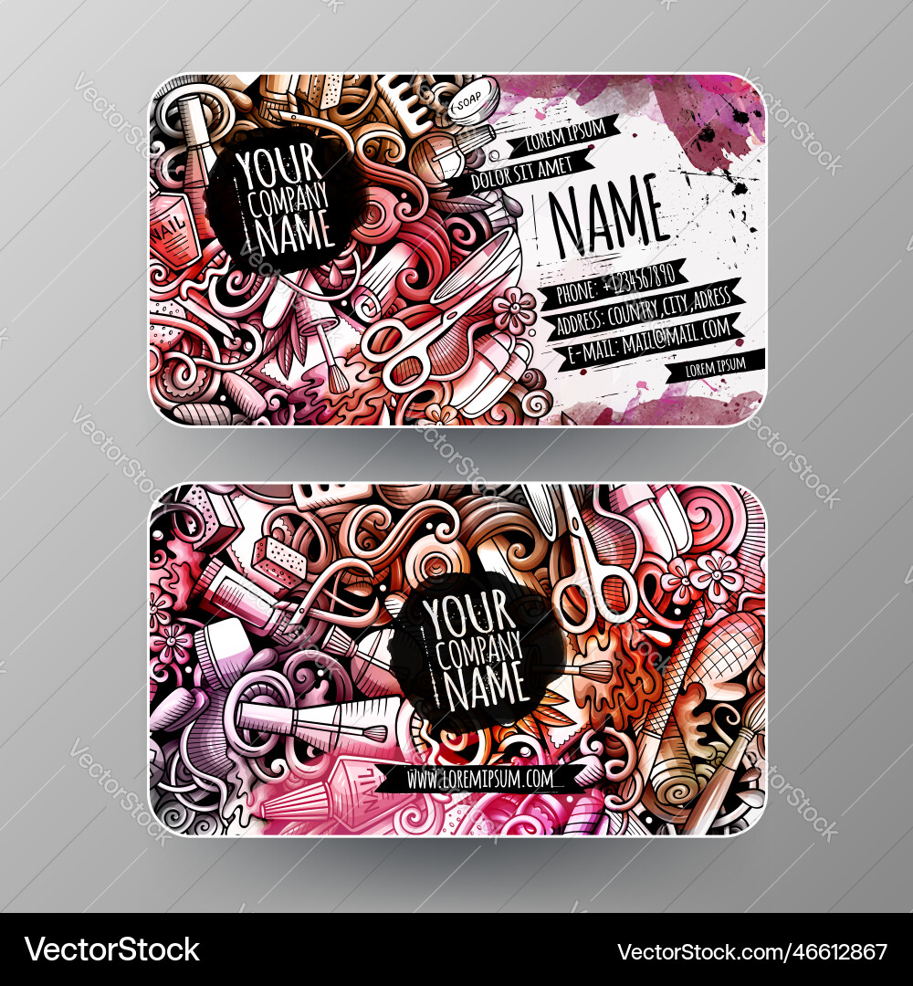 Cartoon watercolor doodles nail salon id cards Cartoon watercolor doodles nail salon id cards vector image