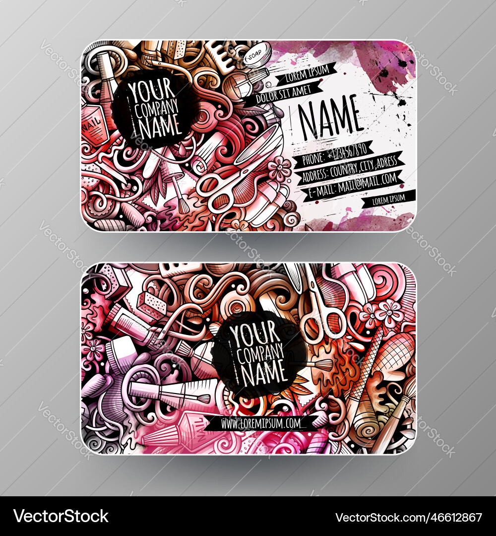 Cartoon watercolor doodles nail salon id cards vector image