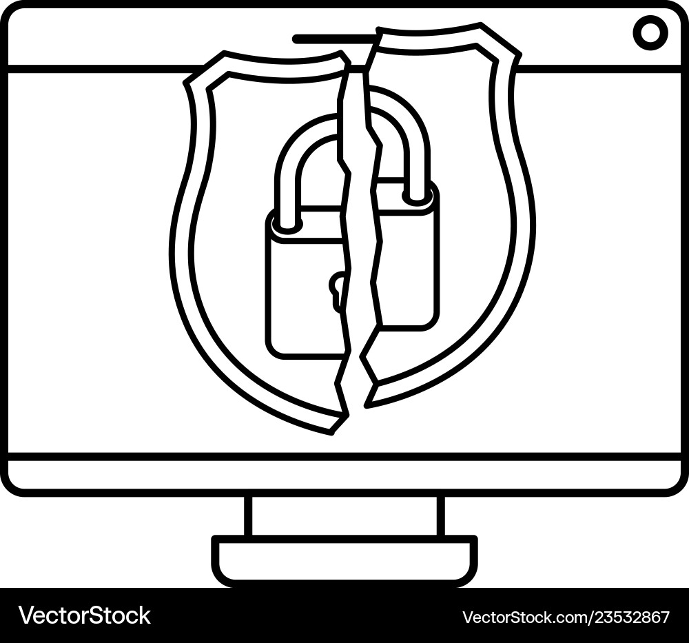 Computer screen with broken shield isolated icon Vector Image