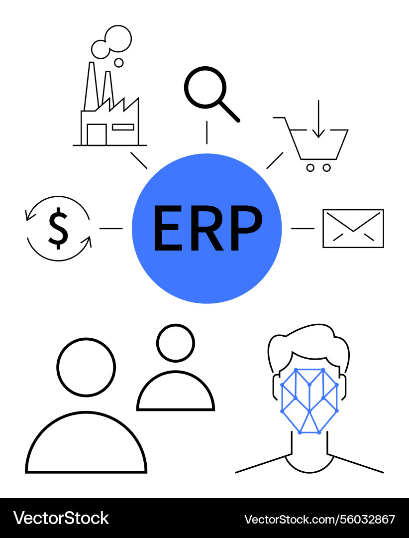 Erp system connecting business elements including Erp system connecting business elements including vector image