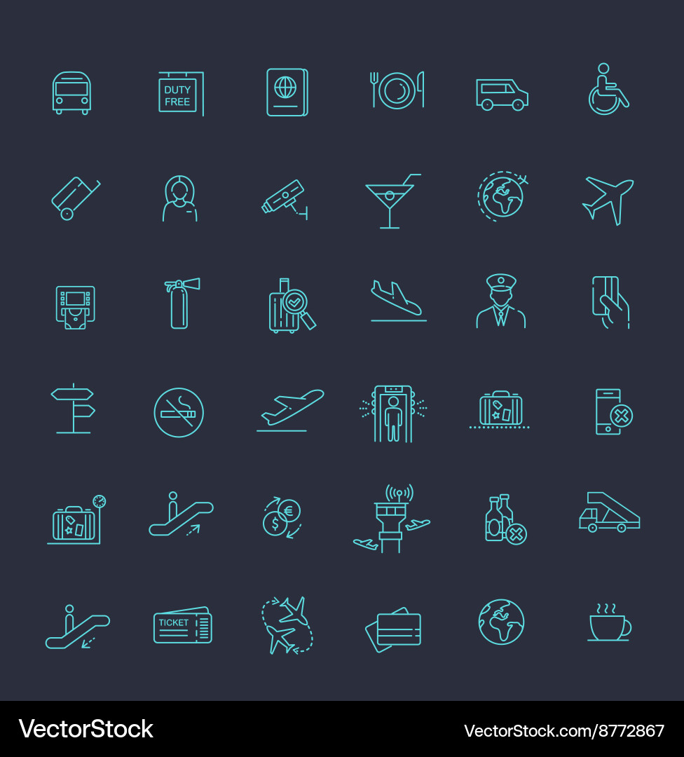 Flugreisen oder Flughafendienstleistungen Umriss-Icon-Set Vektorbild