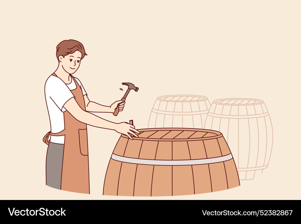 Man winemaker opens barrel with finished drink Man winemaker opens barrel with finished drink Vector Image
