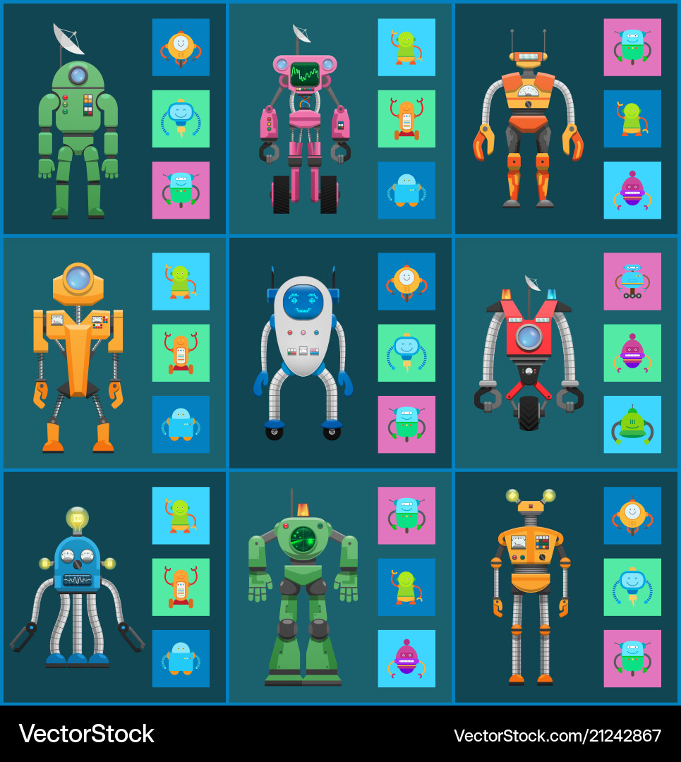 Robot models group isolated on dark backgrounds Robot models group isolated on dark backgrounds Vector Image