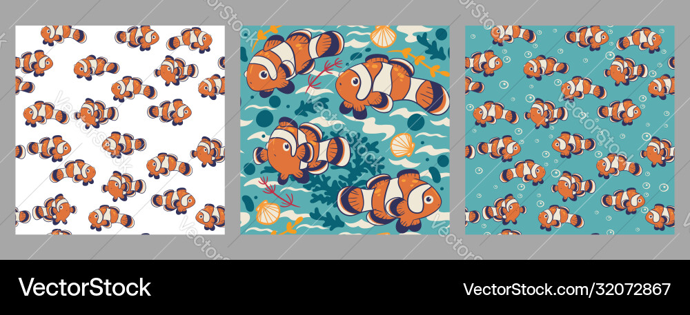Set seamless patterns with clown fish Set seamless patterns with clown fish vector image