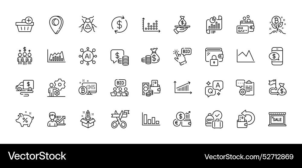 Software bug wallet and cash transit line icons Software bug wallet and cash transit line icons vector image