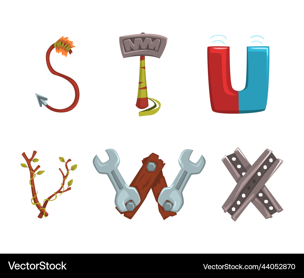 Alphabet with various objects stuvwx Vector Image