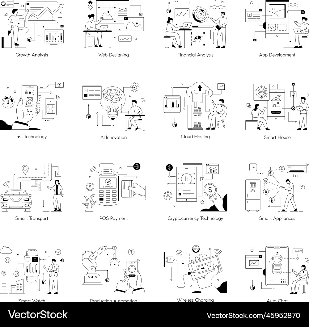 Bundle of web and technology linear Bundle of web and technology linear vector image