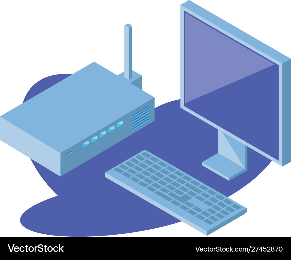 Desktop computer screen with keyboard and wireless vector image