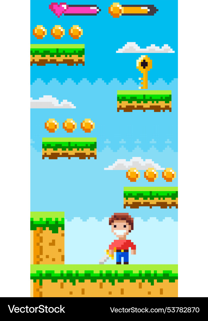 Retro video game level with character collecting Retro video game level with character collecting Vector Image
