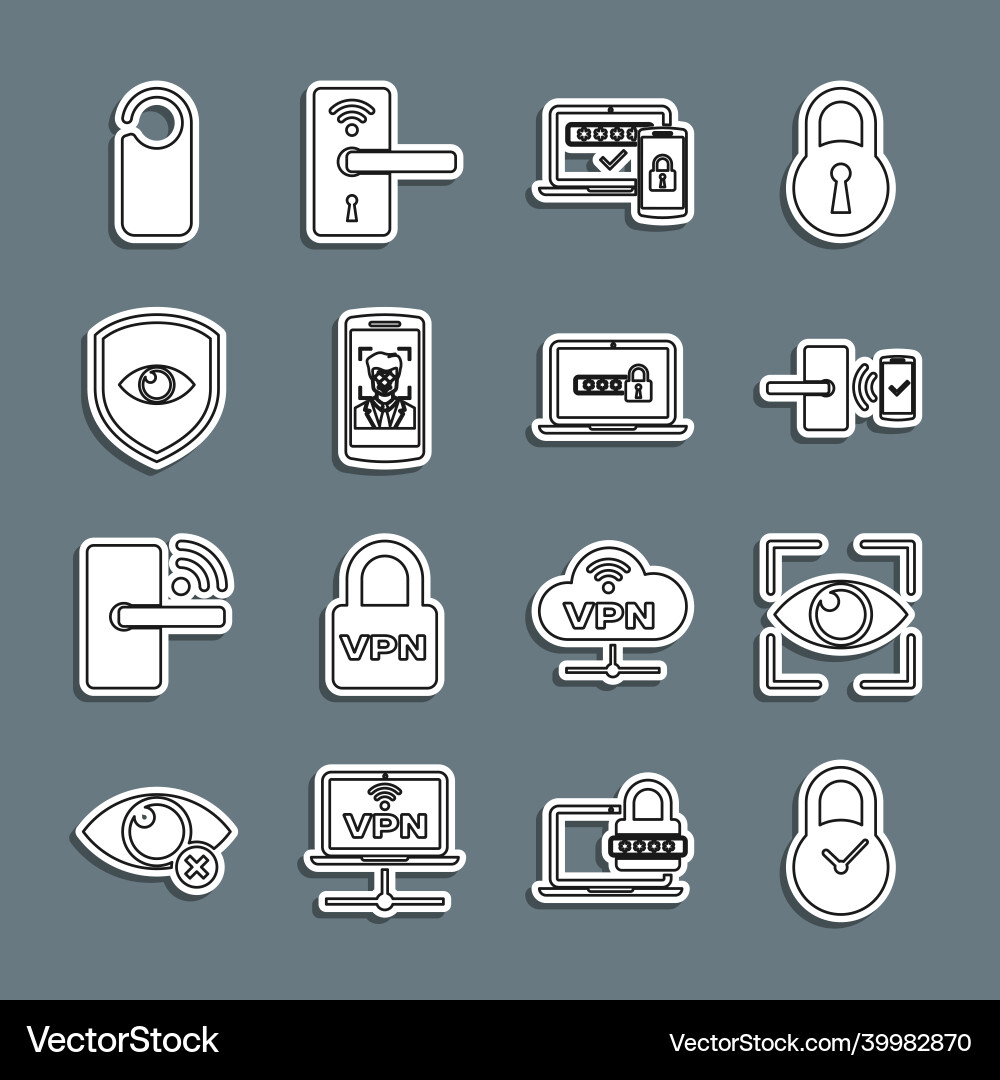 Set line padlock with clock eye scan digital Set line padlock with clock eye scan digital vector image