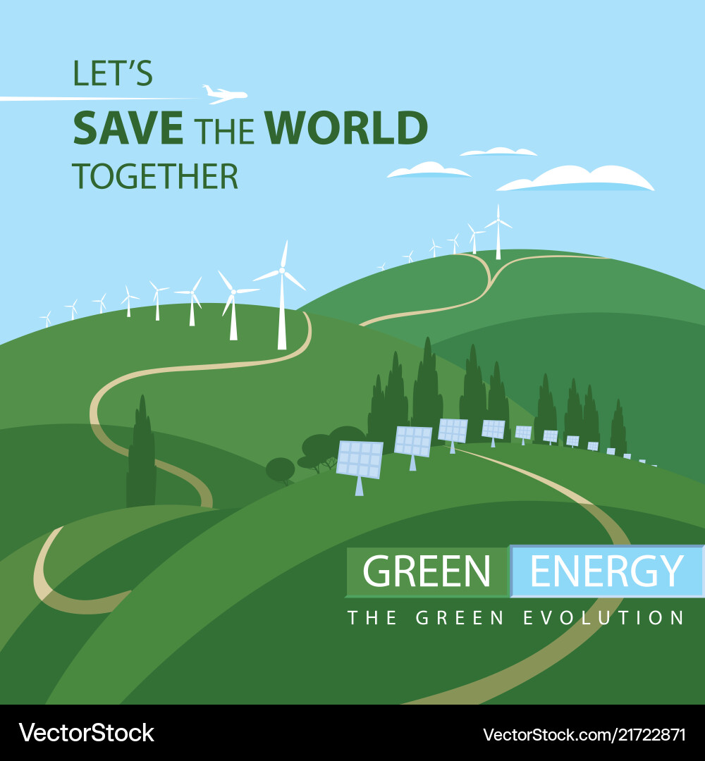 Landscape with wind turbines and solar panels Landscape with wind turbines and solar panels vector image
