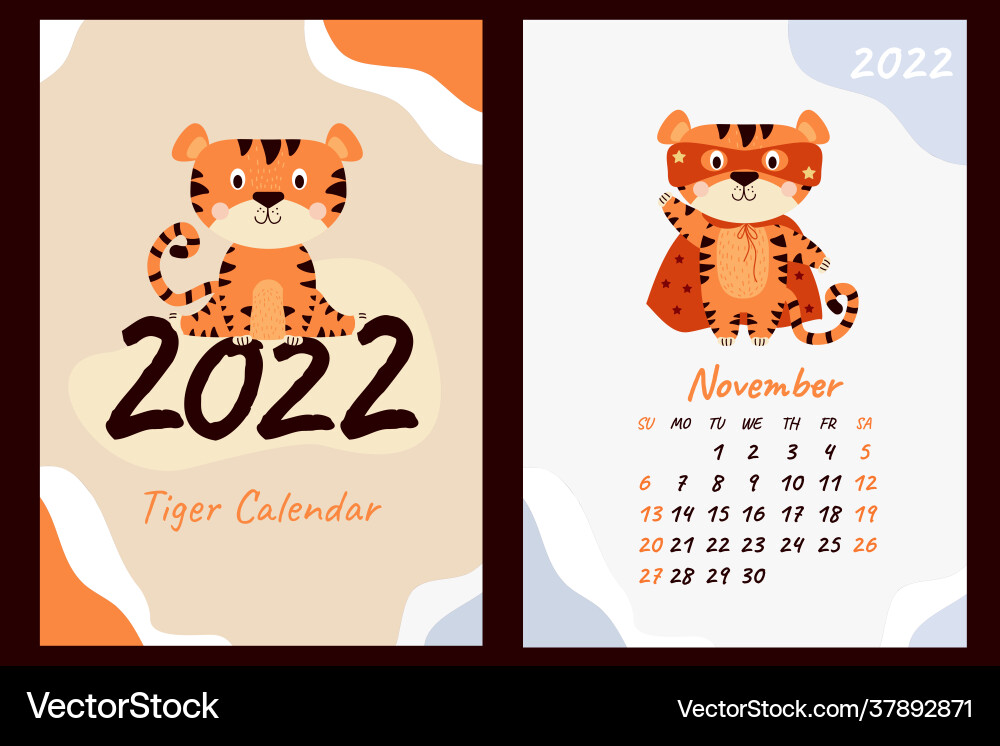 Set - november 2022 calendar and cover cute tiger Set - november 2022 calendar and cover cute tiger vector image