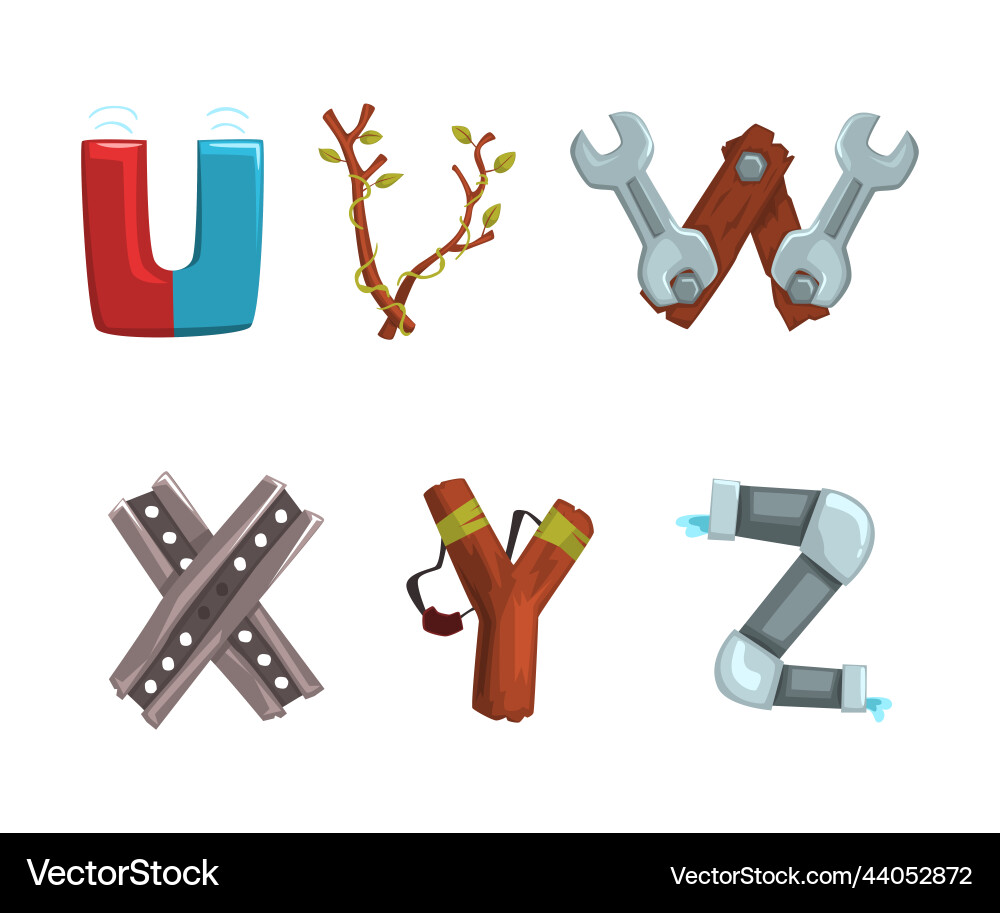 Alphabet with various objects uvwxyz vector image