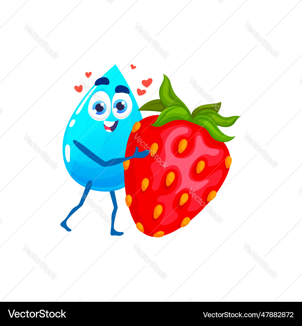 Cartoon happy water drop character with strawberry vector image