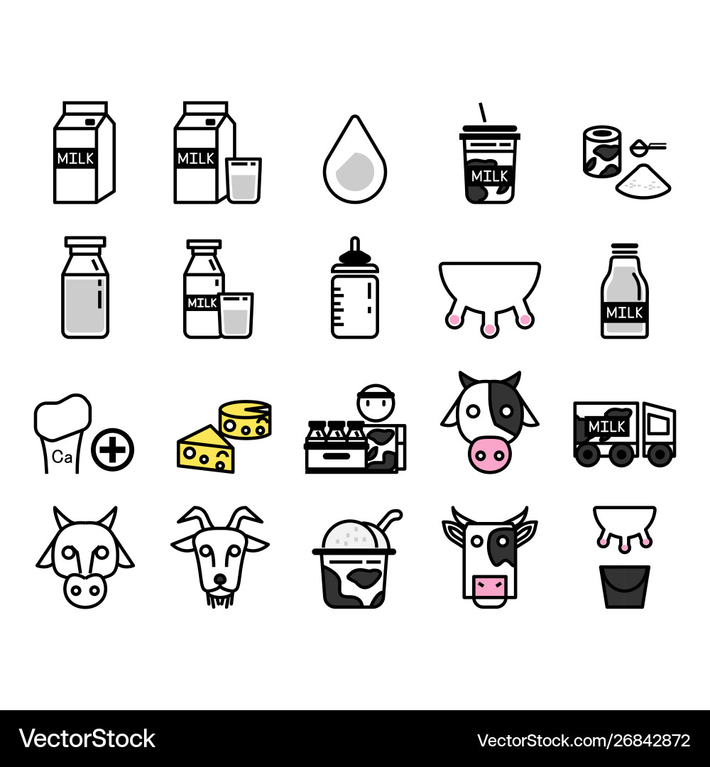 Milk icons set cheese production cow bone plus Milk icons set cheese production cow bone plus vector image
